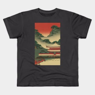 Japanese landscape with temple, ukiyo e style Kids T-Shirt